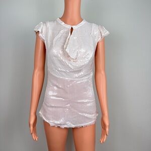 Madison Marcus Sequins Silk Top Cowl Collar Raw Hem Pearl White